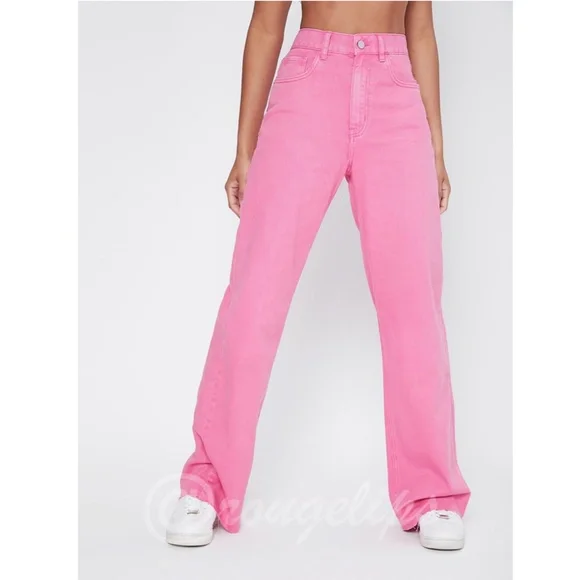 90s Style Pink Wide Leg Jeans High Waist Raw Hem - Picture 3 of 14